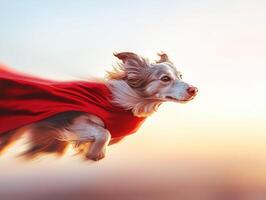 Dog in a red cape soaring through the sunset sky photo