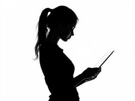 Woman using tablet in silhouette against bright background photo