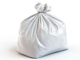 Garbage bag full of waste ready for disposal in a clean space photo