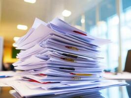 Stacked paperwork creating a cluttered workspace in a modern office photo