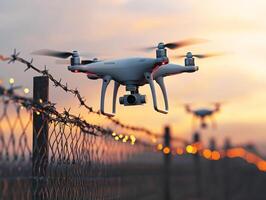 Drone flying over a barbed wire fence at sunset photo
