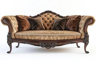 Elegant vintage sofa with intricate woodwork and soft upholstery photo