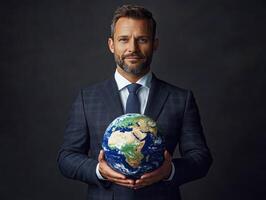 Businessman with a globe represents global leadership photo
