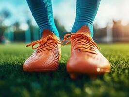 Soccer player prepares for a match on a sunny day at the field photo
