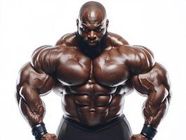 Bodybuilder showcases muscular physique with intense expression photo