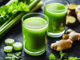 Fresh green juice made from celery and ginger on a kitchen counter photo