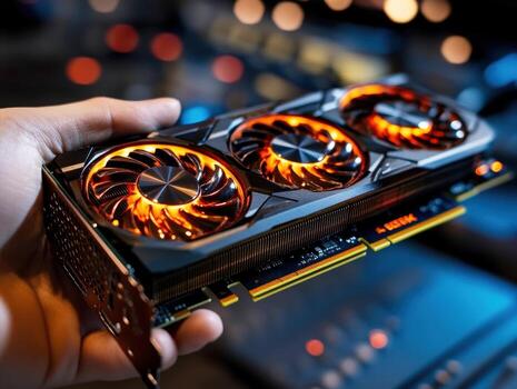 High-performance graphics card held in hand with glowing fans photo