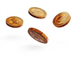 Wooden coins floating in mid-air, showcasing intricate designs photo