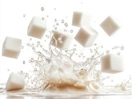 Sugar cubes splashing into a beverage creating a dynamic effect photo