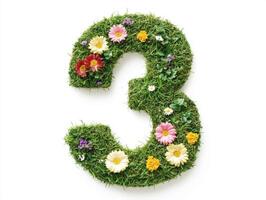 Floral number three design made of grass and colorful blooms photo