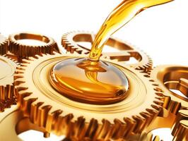 Oil is poured into golden gears in a mechanical setting photo