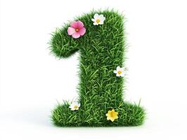 Decorative number one made of grass and flowers for nature themes photo