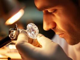 Expert jeweler examining a diamond under bright light photo