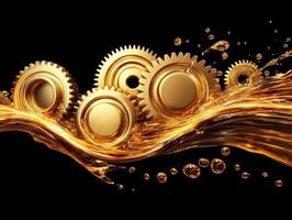 Golden gears immersed in liquid splashes create dynamic composition photo