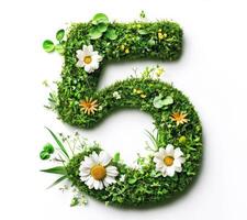 Vibrant green number five adorned with flowers and plants photo