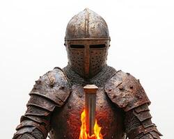 Knight holding a sword with flames in a dramatic display photo