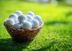 Golf balls in a wicker basket on green grass photo
