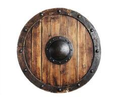 Historic round wooden shield used in ancient battles photo