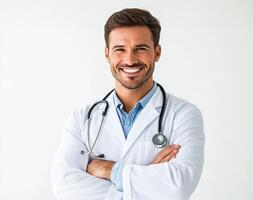 Smiling doctor in a white coat with a stethoscope photo