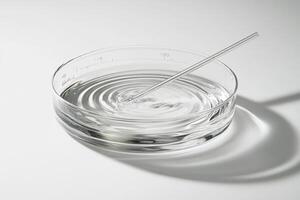 Clear water in petri dish with stirring rod creating ripples photo