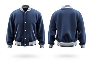 Navy blue varsity jacket with striped cuffs and buttons photo