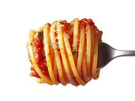 Spaghetti twirled on a fork with rich tomato sauce close-up photo