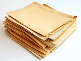 Stacked beige documents on a flat surface in bright lighting photo