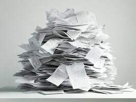Stacked paperwork forms a large pile on a white table photo