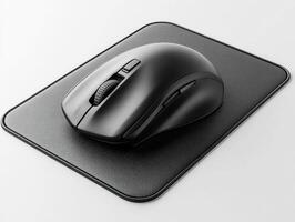 Sleek black computer mouse on stylish mouse pad in workspace photo
