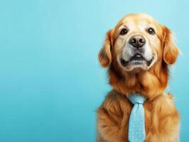 Golden retriever dressed in a tie against a blue background photo