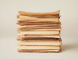 Stacks of old yellowed papers on a neutral background photo