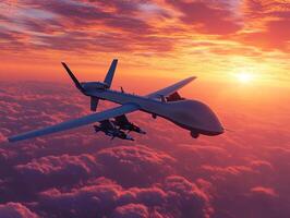Military drone flying above clouds at sunset with missile attached photo