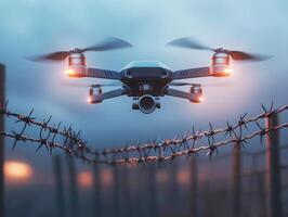 Drone flying near barbed wire fence at sunset photo