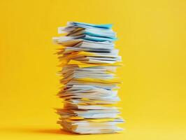 Stacked papers with colorful sheets on a bright yellow background photo