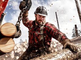 Lumberjack working hard in forest during daylight hours photo