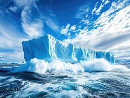 Iceberg breaks through waves under a bright blue sky photo
