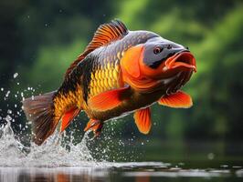Vibrant fish leaps from the water in lush natural habitat photo