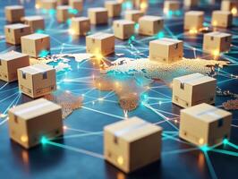 Global logistics network with cardboard boxes and connections photo