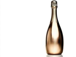 Elegant sparkling wine bottle with golden finish on white background photo