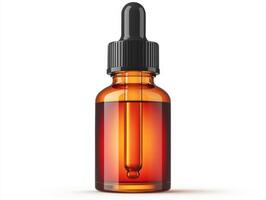 Glass dropper bottle filled with liquid on white background photo