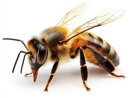 Close-up view of a bee collecting pollen on a flower photo