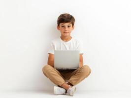 Young boy sitting with laptop against plain white wall photo