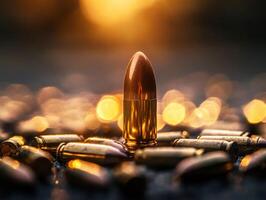 Golden bullet with a soft glow among scattered cartridges at sunset photo
