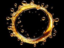 Golden liquid splash forms a circle against a black background photo