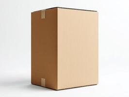 Simple kraft cardboard box standing upright in a minimalist setting photo
