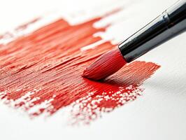 Brush applying vibrant red paint on canvas for artistic creation photo