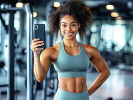 Fitness enthusiast takes selfie at modern gym after workout photo
