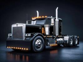 Shiny black truck with bright lights on display in a dark setting photo