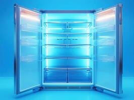Modern refrigerator illuminated with blue light in a kitchen setting photo