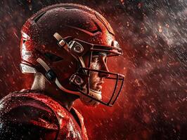 Intense football player in the rain with determination on display photo